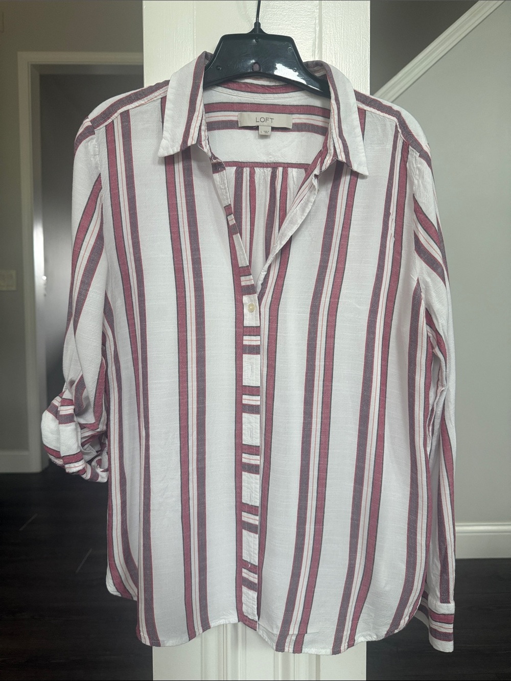 LOFT Striped Button-Down Shirt in Mauve and White - Picture 2 of 6